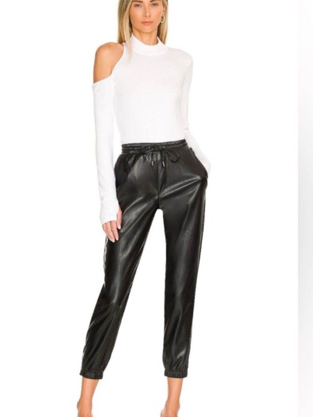 PAIGE Black Faux Leather Drawstring Joggers